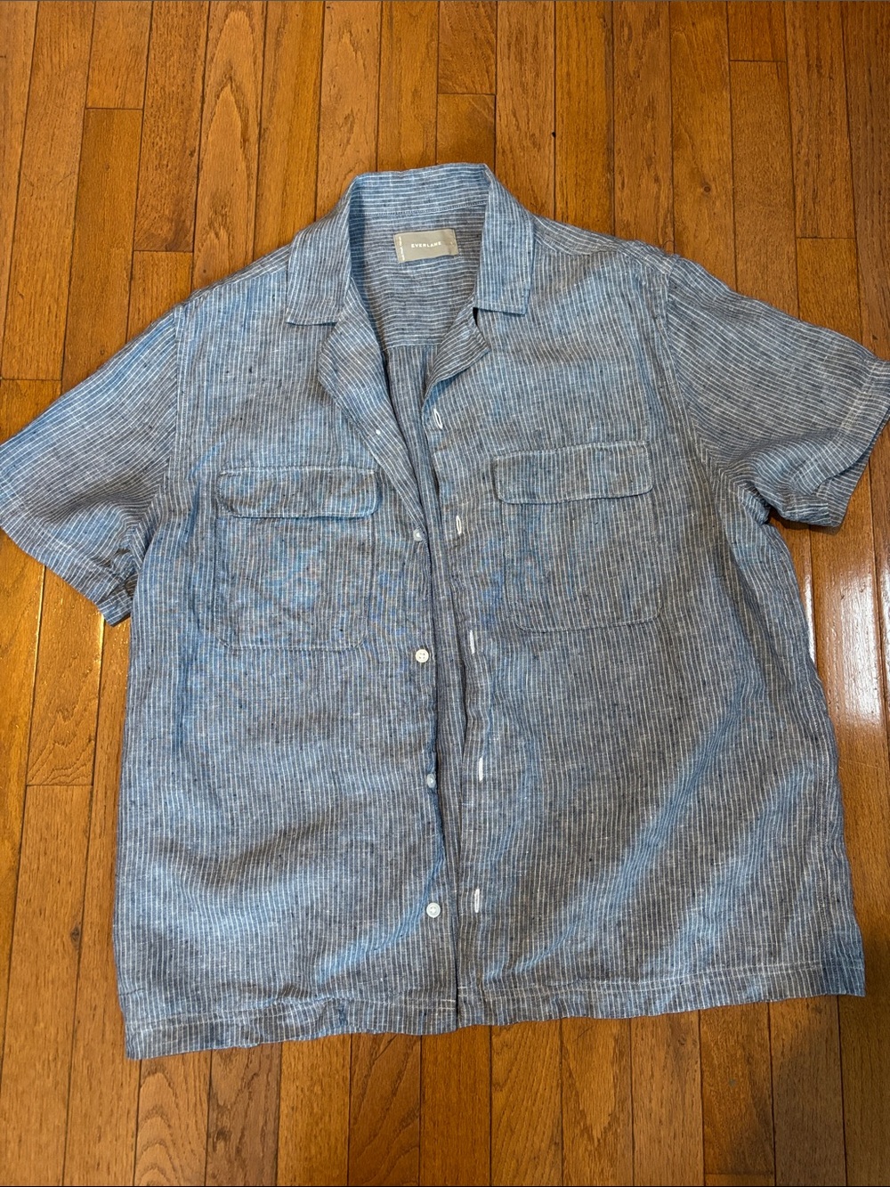 Everlane Blue Striped Linen Short-Sleeve Button-Down Shirt